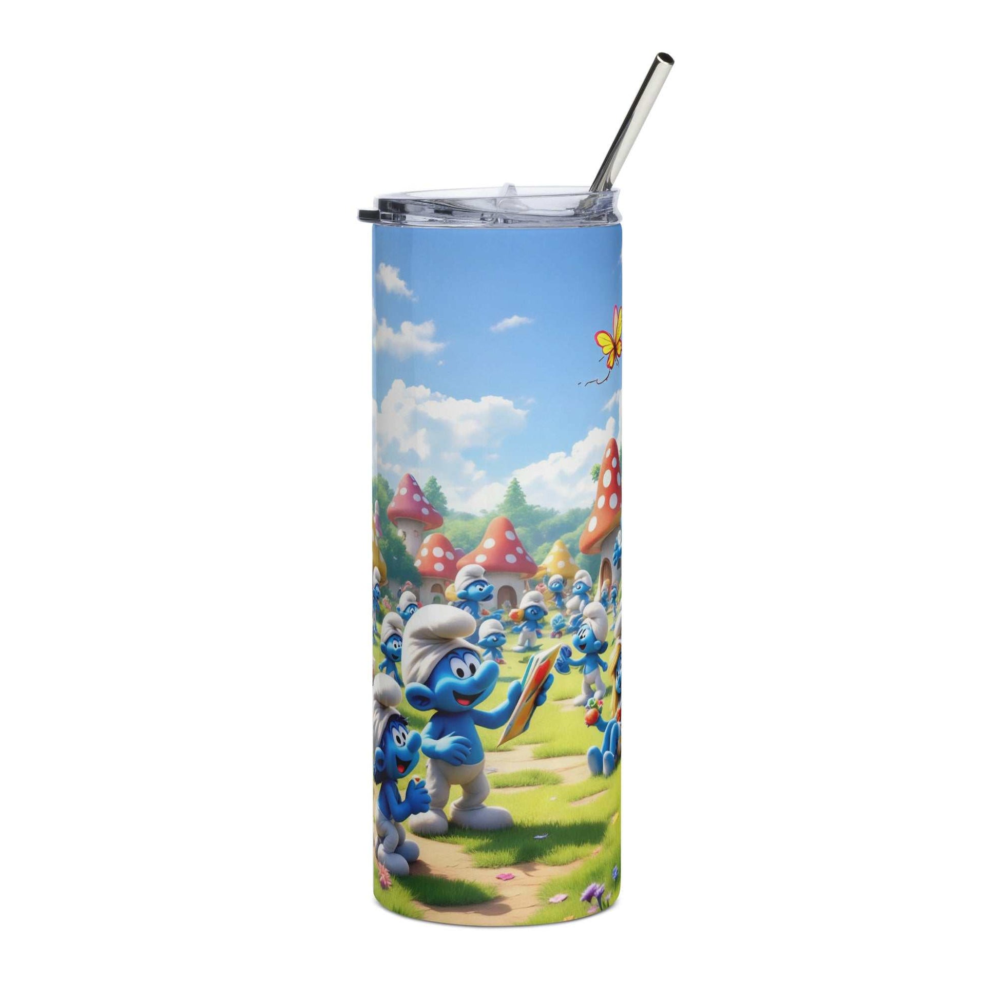 20oz skinny tumbler with colorful Smurfs themed wrap featuring blue Smurf characters and mushroom houses in a vibrant cartoon design