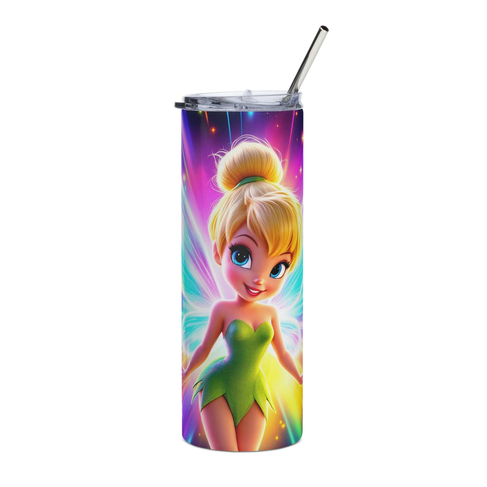 20oz skinny tumbler with vibrant neon Tinkerbell sublimation wrap featuring glowing fairy design and bright colors