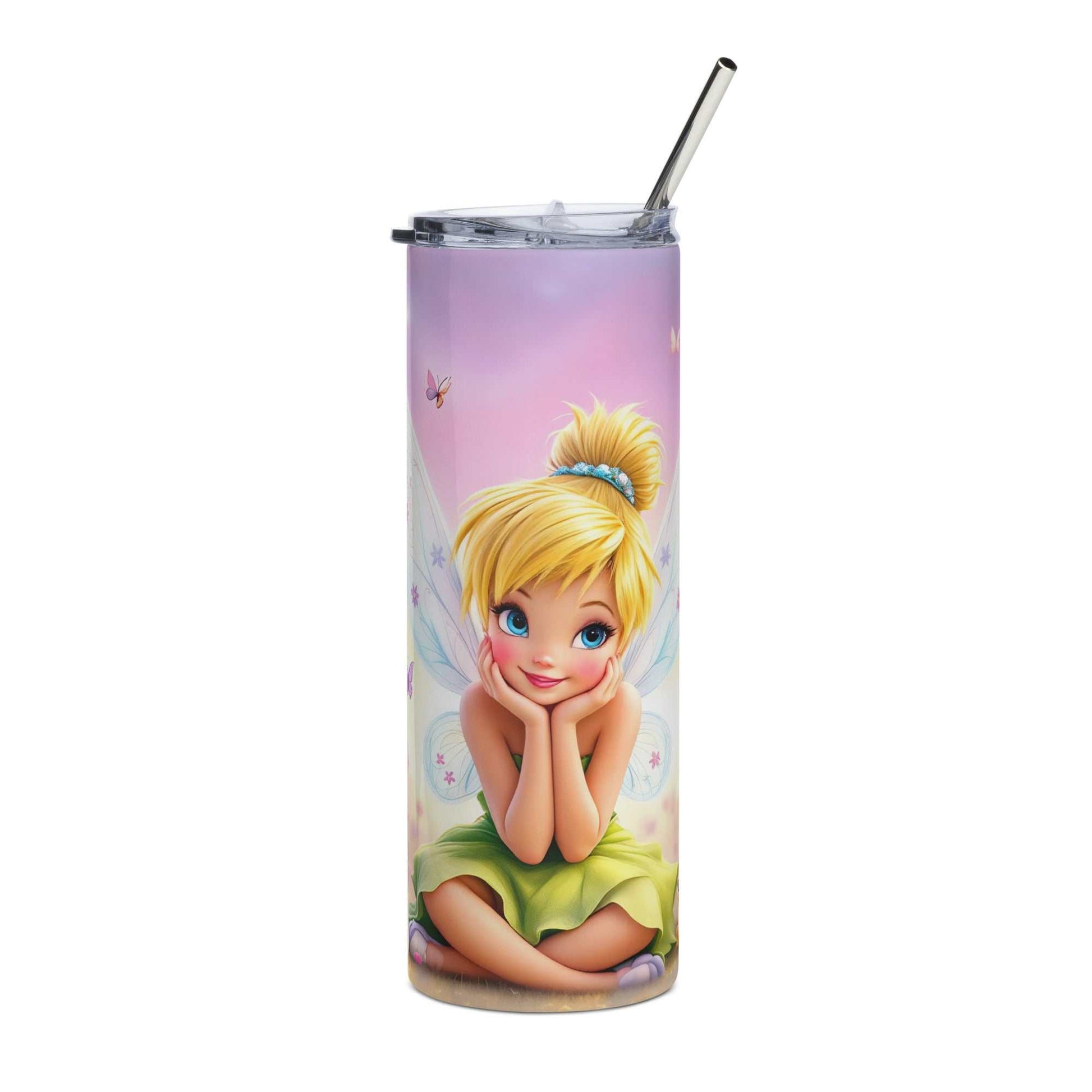 20oz skinny tumbler wrapped with vibrant Tinkerbell sublimation design featuring fairy dust on a glossy finish