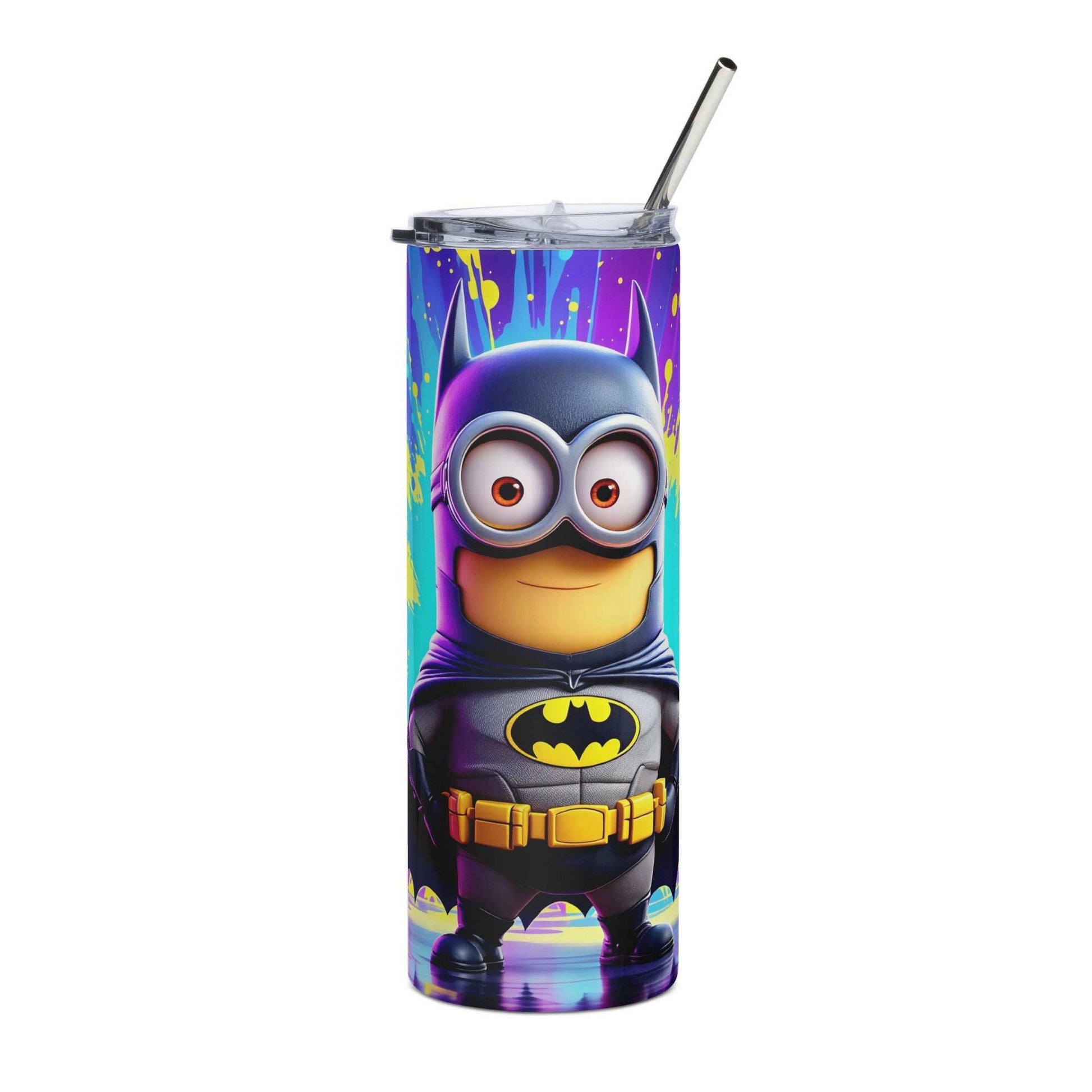 20oz skinny tumbler with Batman Minion sublimation wrap design in vibrant colors and glossy finish