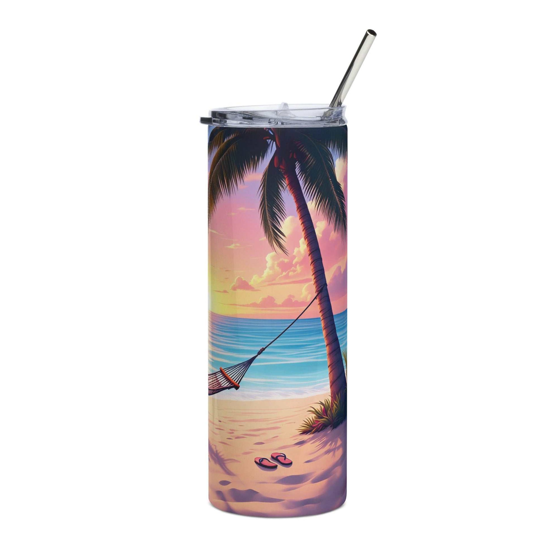 20oz skinny tumbler with Beach Vibes Tumbler Wrap featuring palm trees, hammock, ocean waves, and sunset beach scene design