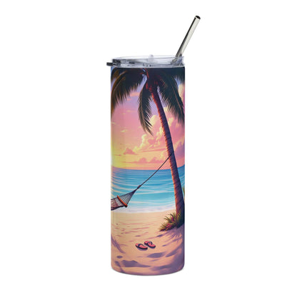 20oz skinny tumbler with Beach Vibes Tumbler Wrap featuring palm trees, hammock, ocean waves, and sunset beach scene design