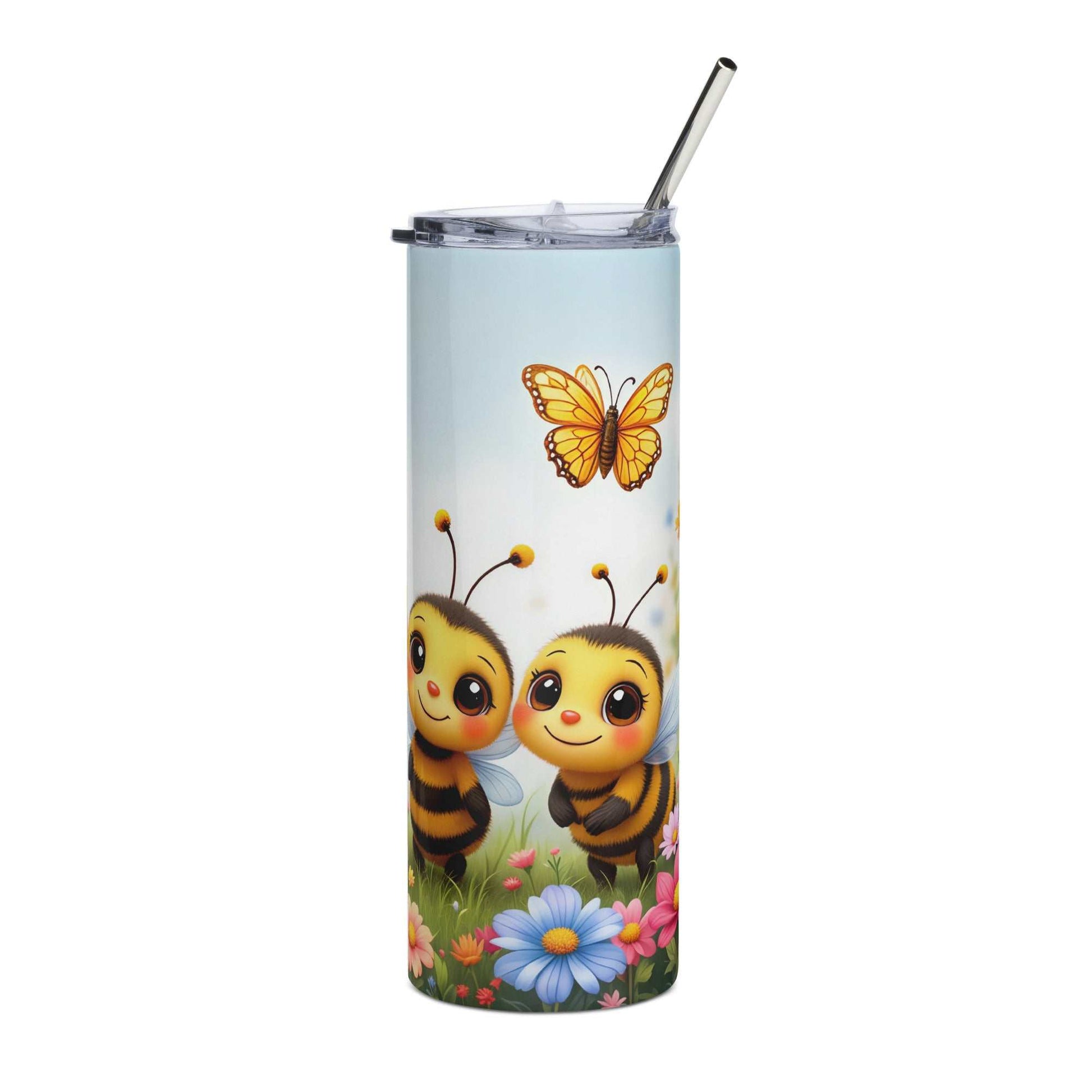 20oz skinny tumbler with cute bumble bee and flower wrap design featuring butterflies and pastel background