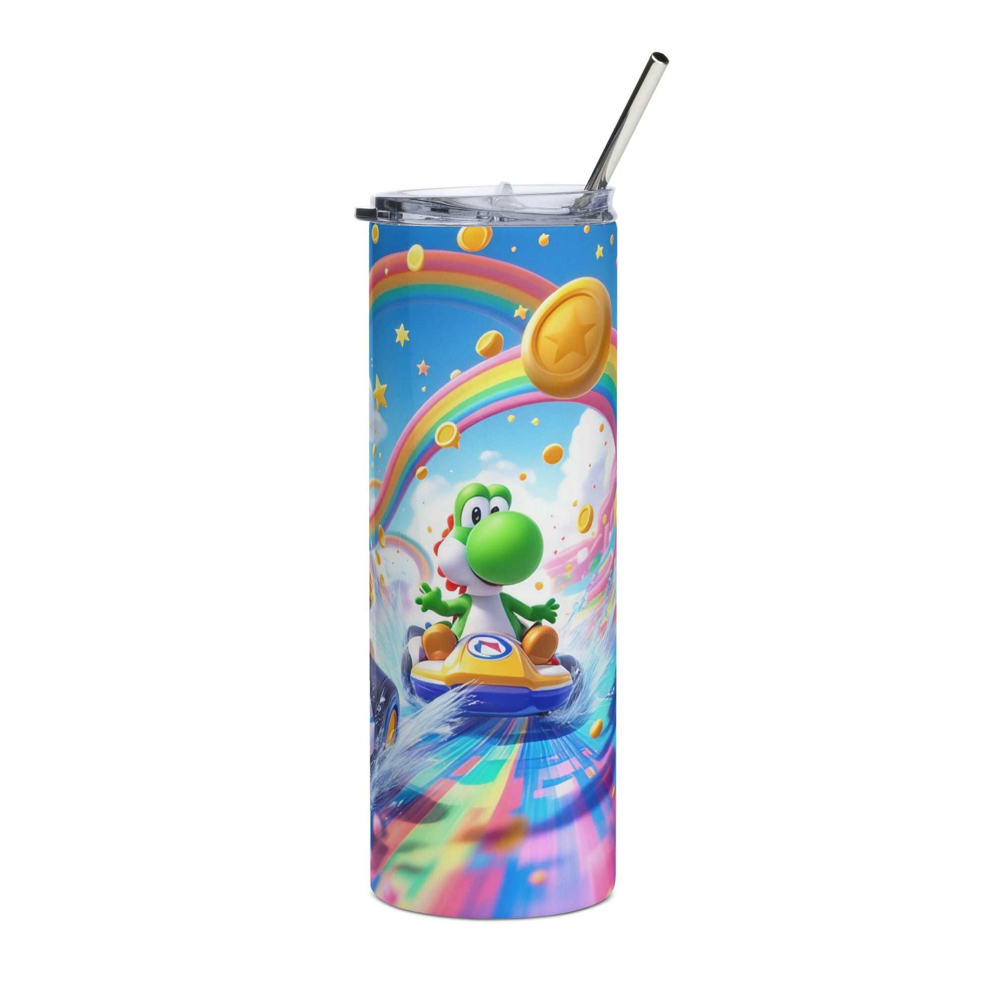 Rainbow Kart Racer 20oz skinny tumbler wrap featuring Mario Kart inspired colorful racing characters, rainbow road, and flying gold coins design for sublimation printing.