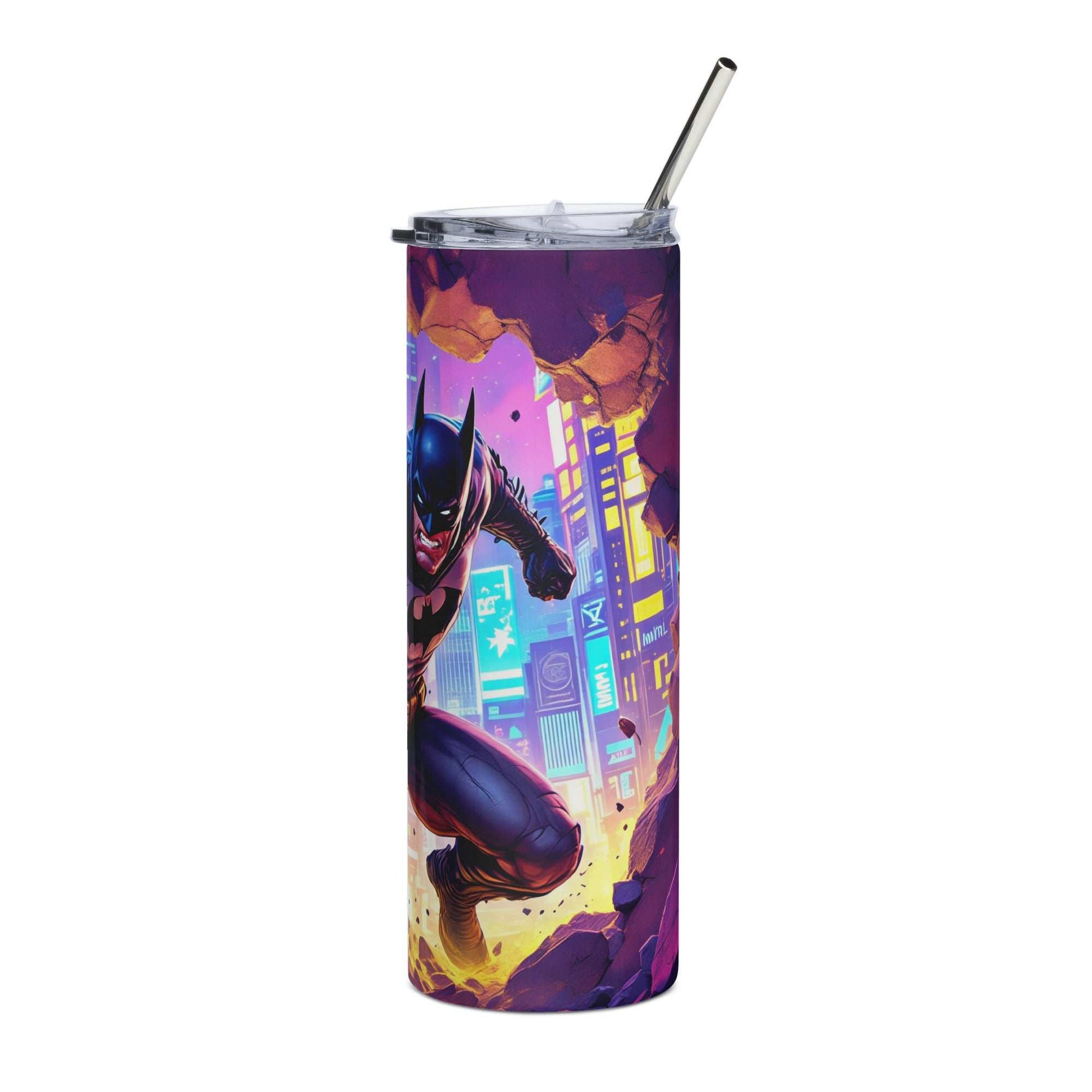 Batman-inspired dark hero comic style skinny tumbler wrap with cityscape background and neon lights design for 20oz tumblers.
