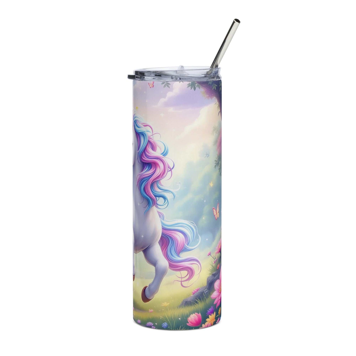 20oz skinny tumbler with magical unicorn, pastel rainbow mane, stars, and floral fantasy design wrap