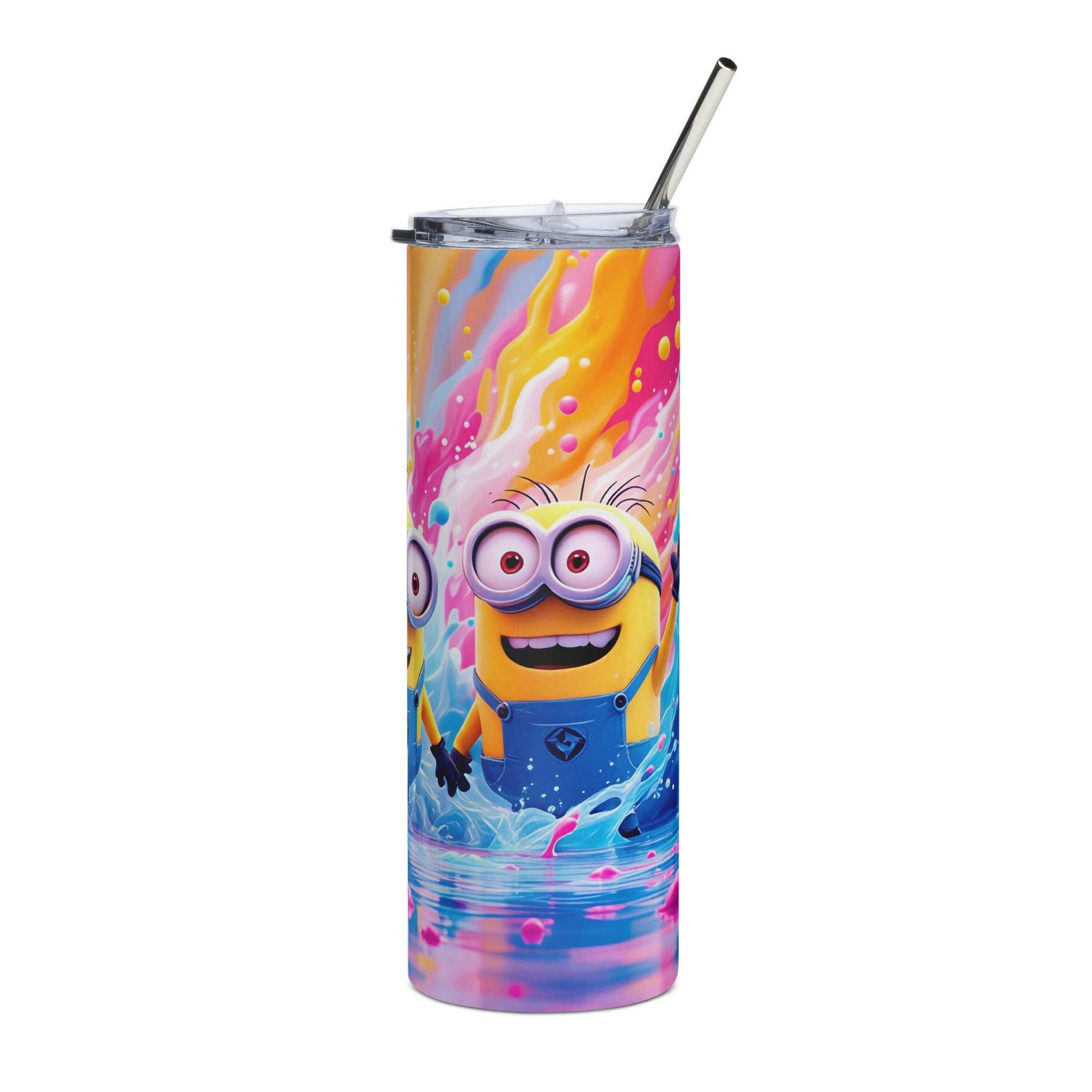 20oz skinny tumbler featuring colorful Minion Tumbler Wrap PNG design with playful yellow characters and vibrant background
