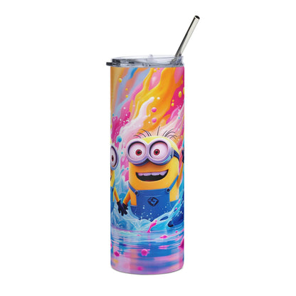 20oz skinny tumbler featuring colorful Minion Tumbler Wrap PNG design with playful yellow characters and vibrant background