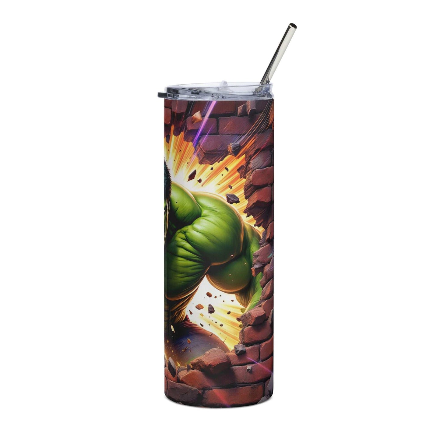 Green Hulk tumbler wrap design smashing through a brick wall, 20oz skinny sublimation wrap PNG
