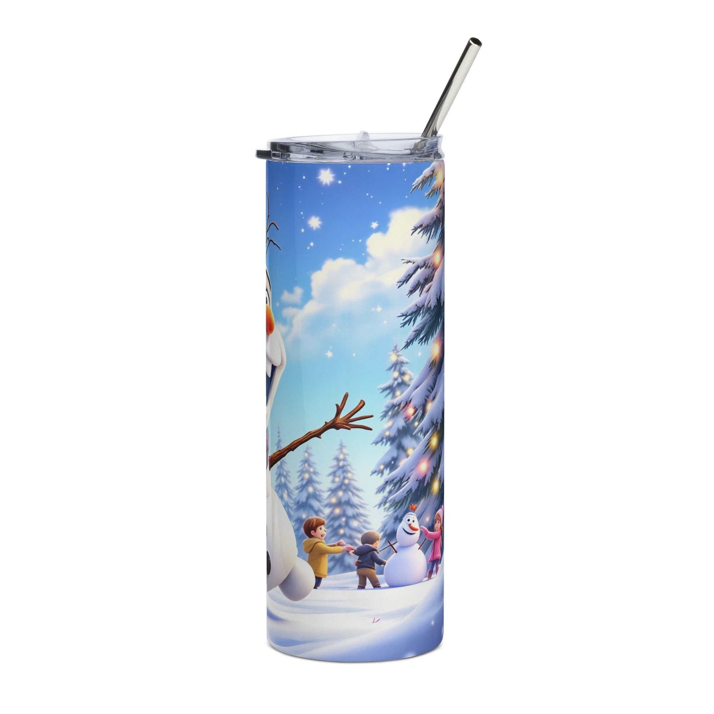 20oz skinny tumbler with Olaf snowman winter-themed wrap featuring snowy trees, playful children, and festive lights