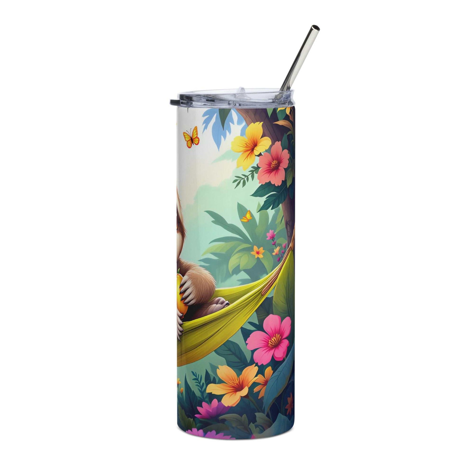 20oz skinny tumbler with cute sloth wrap design featuring a sleepy sloth in a hammock surrounded by tropical flowers and butterflies