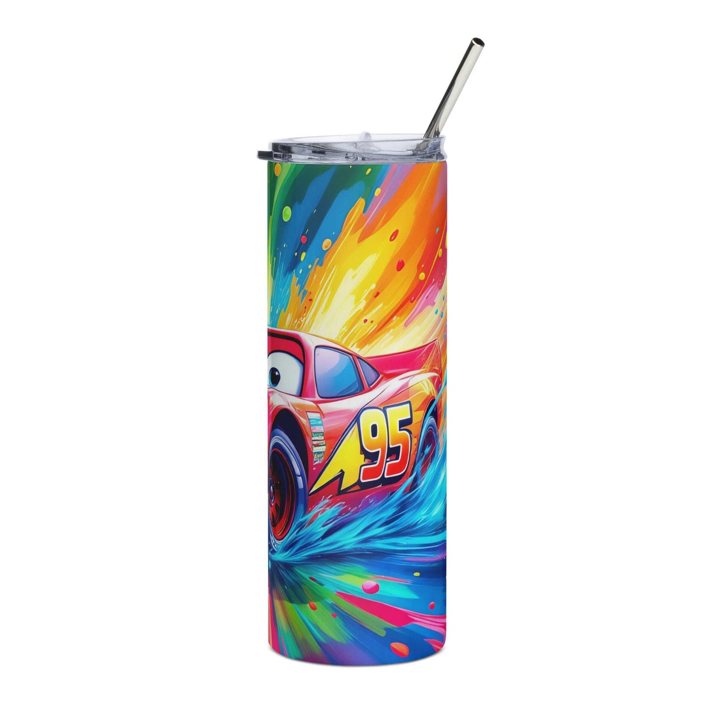 20oz skinny tumbler with vibrant Cars-themed wrap featuring Lightning-inspired racing design in red, yellow, and blue colors.