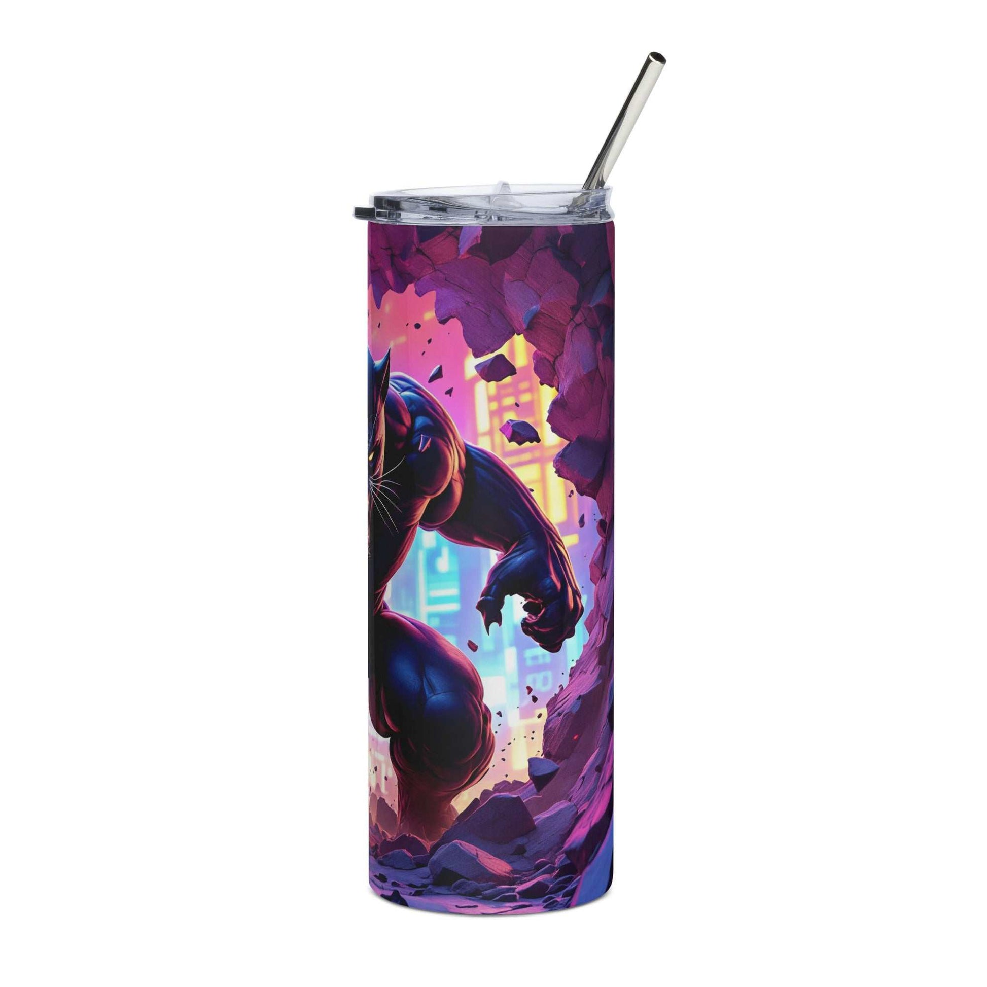 20oz skinny tumbler wrapped in a vibrant Black Panther-themed design with purple tones, tribal patterns, and a powerful superhero image.
