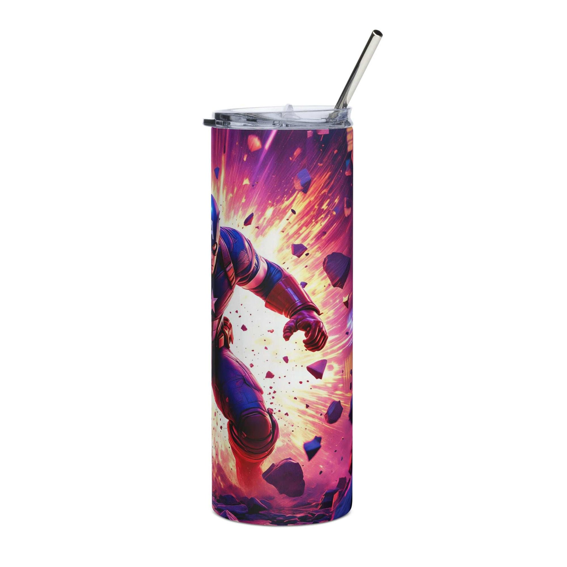 Captain America-themed 20oz skinny tumbler wrap with vibrant red, white, and blue superhero design and shield star accents