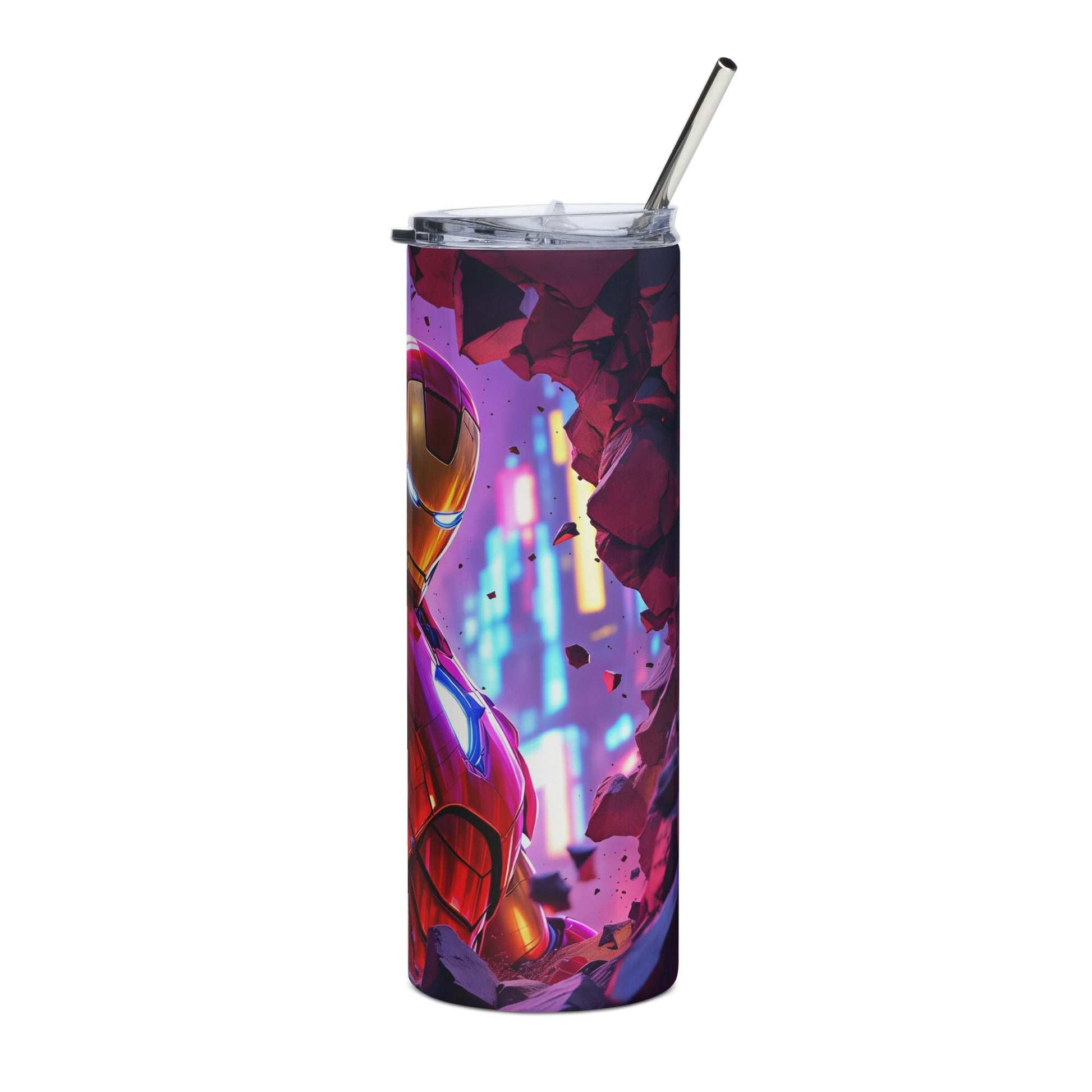 20oz skinny tumbler featuring vibrant Iron Man Tumbler Wrap PNG with red and gold superhero design and glowing arc reactor elements