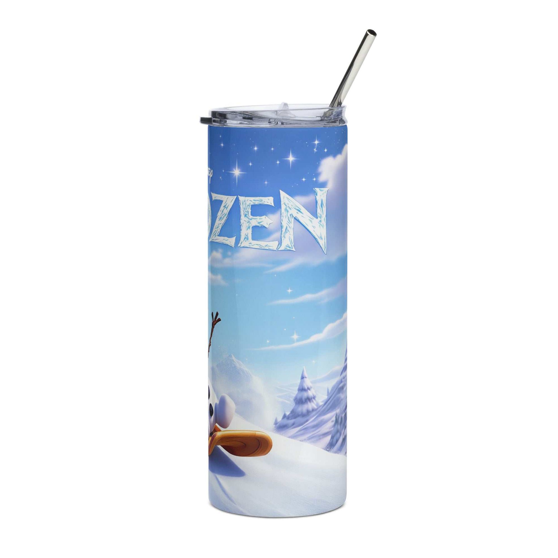 20oz skinny tumbler with Olaf sledging wrap design featuring snowman, snowflakes, and winter scenery in vibrant colors