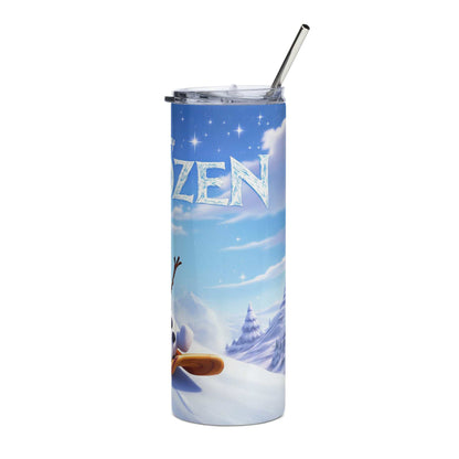 20oz skinny tumbler with Olaf sledging wrap design featuring snowman, snowflakes, and winter scenery in vibrant colors