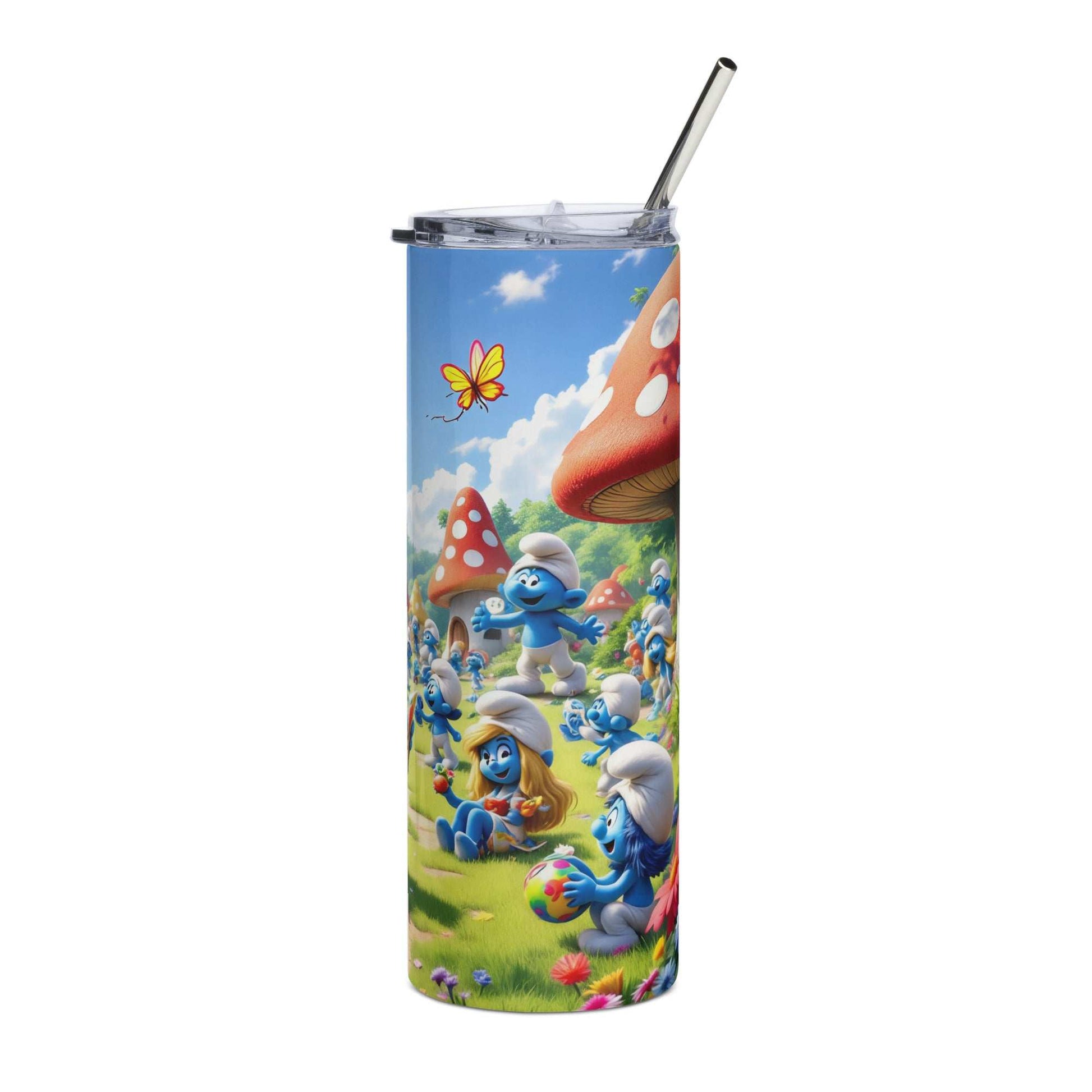 20oz skinny tumbler with vibrant Smurfs themed cartoon wrap featuring blue Smurf characters and red mushroom houses against a bright sky background
