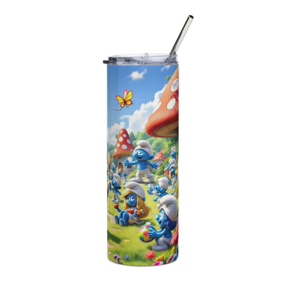 20oz skinny tumbler with vibrant Smurfs themed cartoon wrap featuring blue Smurf characters and red mushroom houses against a bright sky background