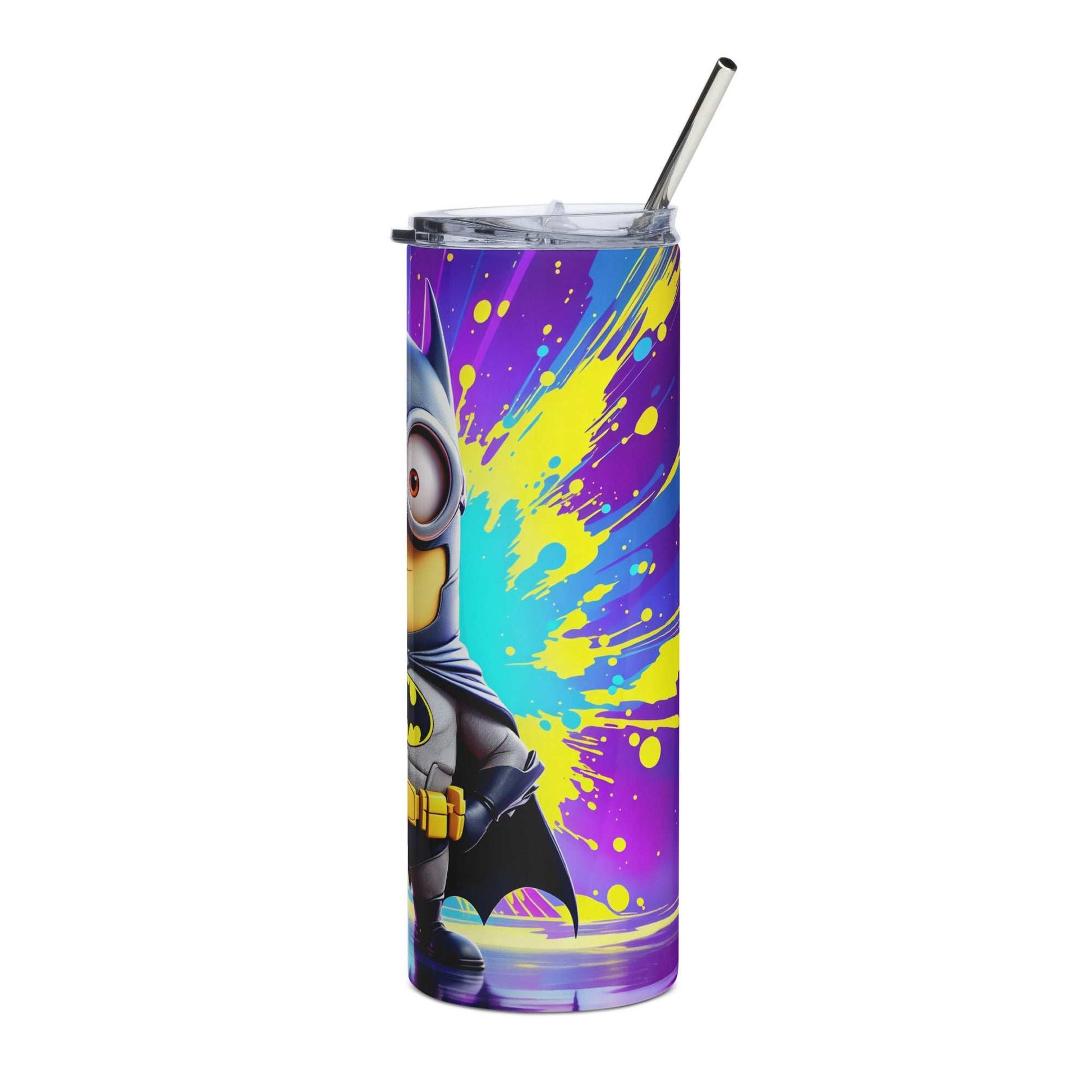 20oz skinny tumbler with colorful Batman Minion sublimation wrap featuring a cartoon minion dressed as Batman against a vibrant splash background
