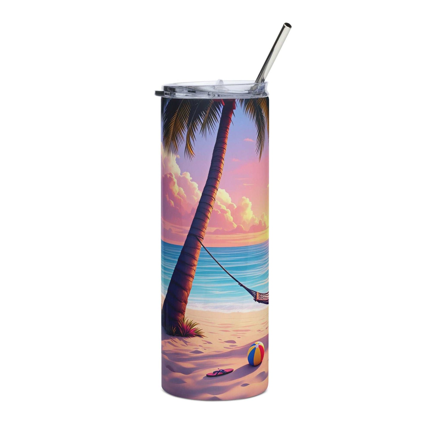 20oz skinny tumbler with Beach Vibes Tumbler Wrap featuring palm tree, ocean waves, sandy beach, hammock, and sunset colors.