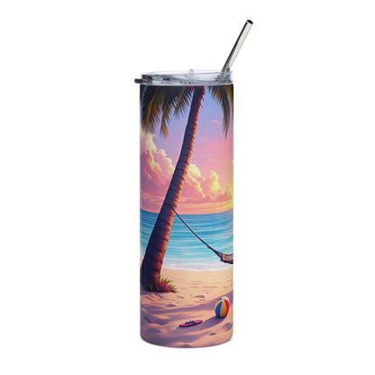20oz skinny tumbler with Beach Vibes Tumbler Wrap featuring palm tree, ocean waves, sandy beach, hammock, and sunset colors.