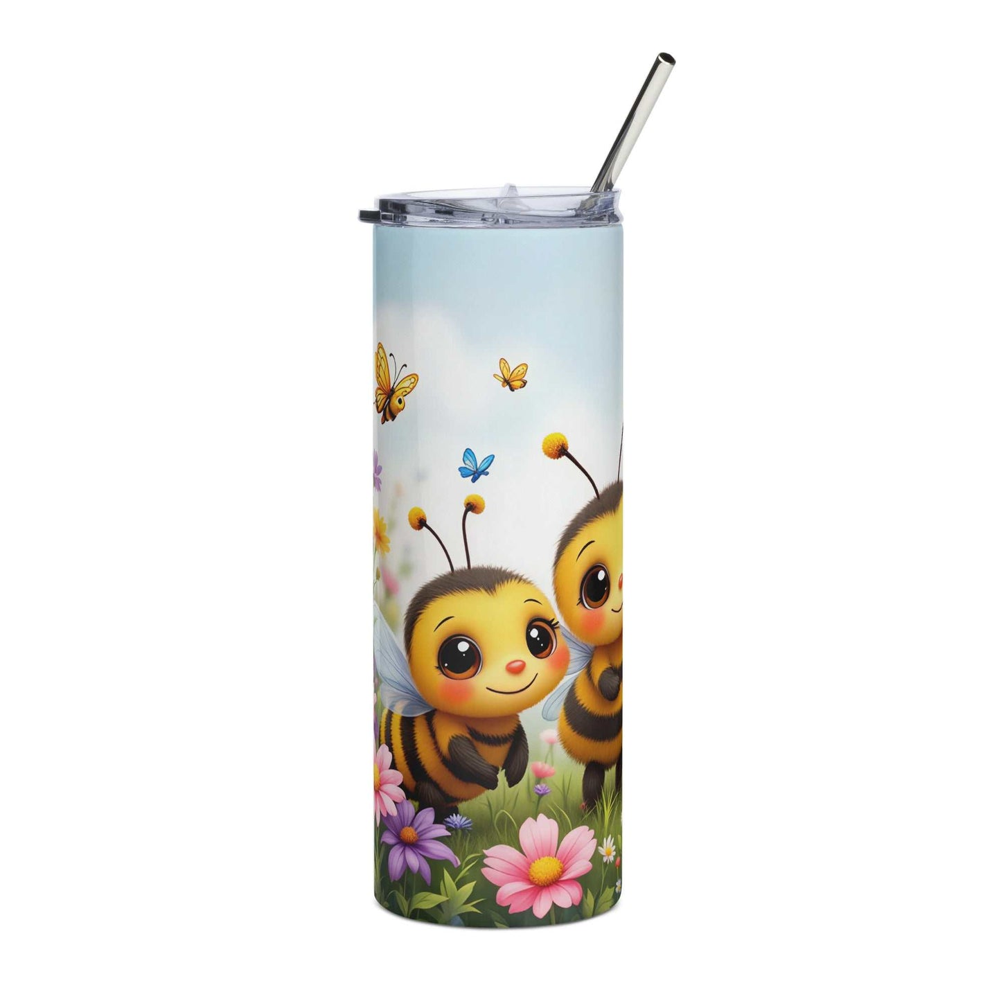 Cute bumble bee tumbler wrap with cartoon bees, flowers, and butterflies on a pastel background for 20oz skinny tumblers