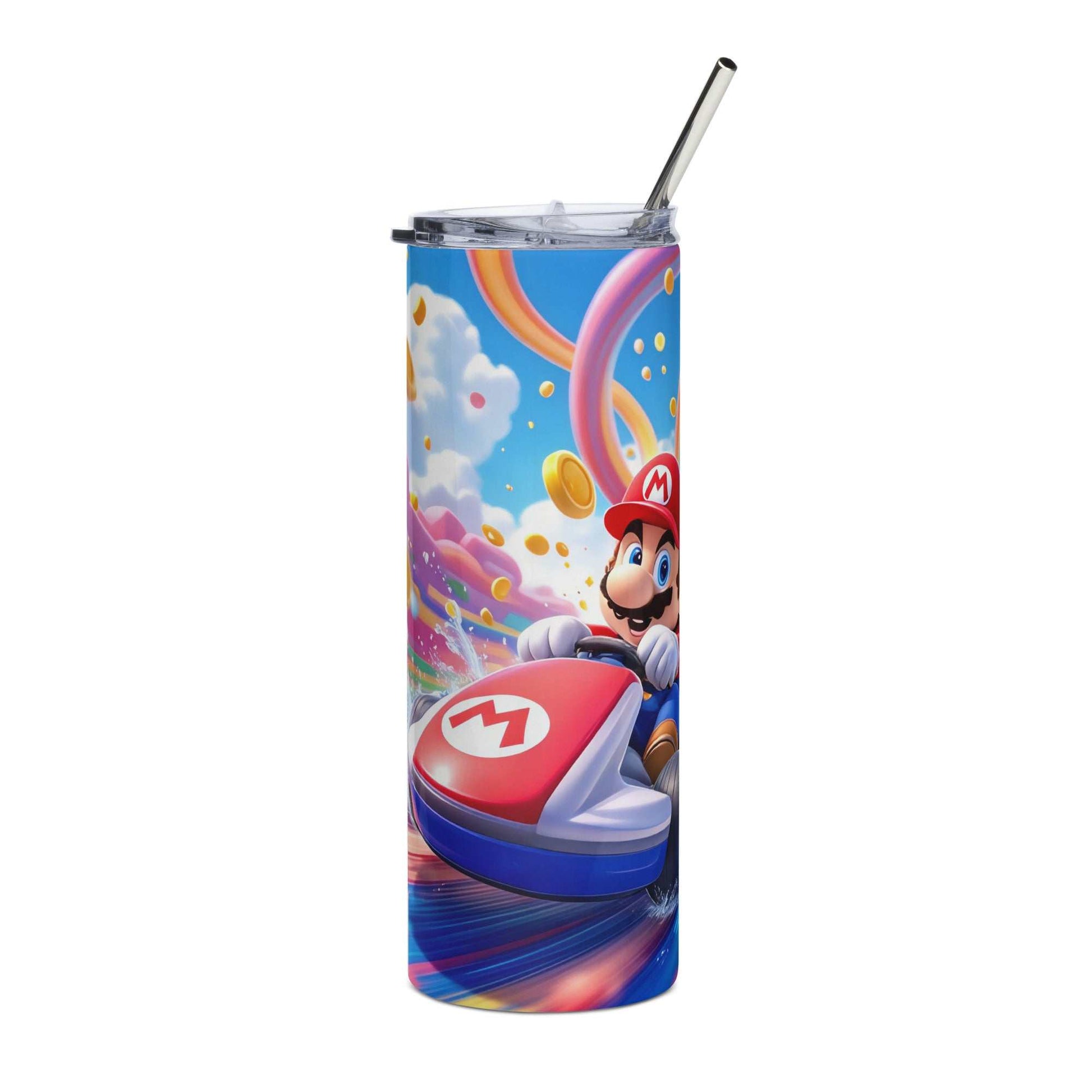 20oz skinny tumbler featuring Rainbow Kart Racer Mario-inspired vibrant wrap with flying gold coins and colorful racing scene