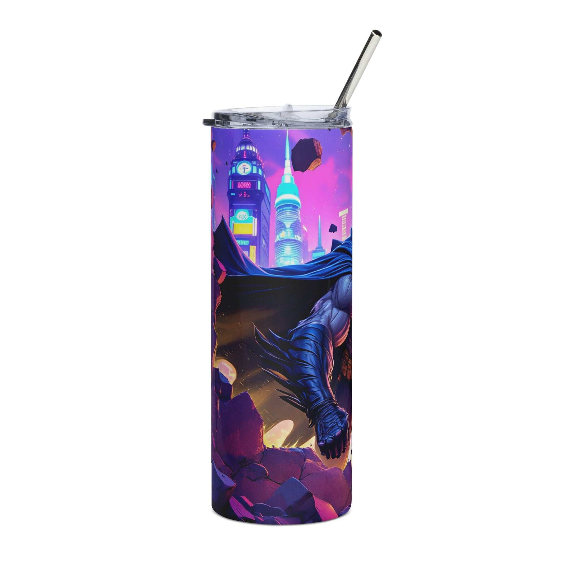 Dark Hero City Breakthrough Tumbler Wrap PNG featuring a comic-style superhero bursting through a crumbling wall with neon cityscape background for 20oz skinny tumblers.