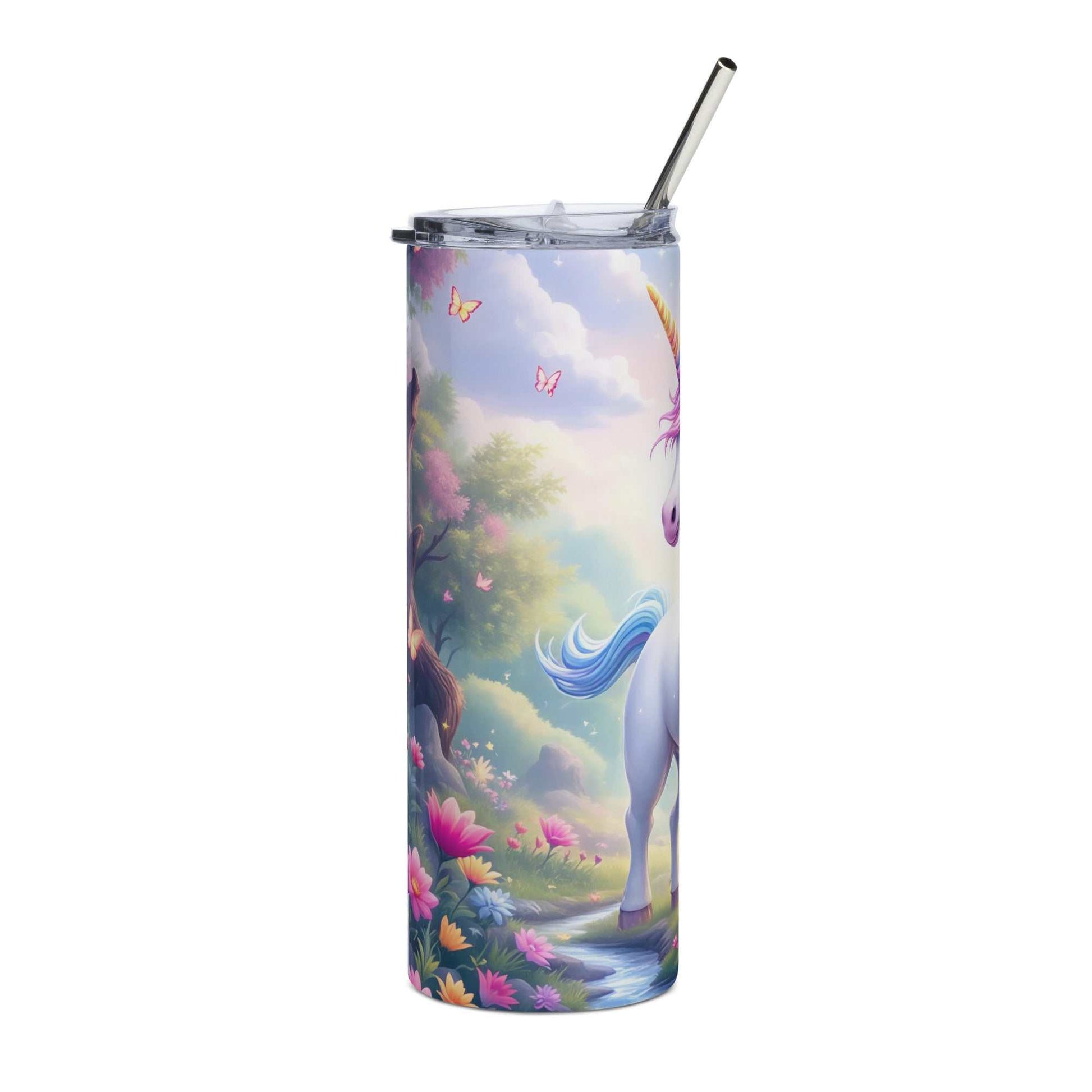 20oz skinny tumbler wrap with magical unicorn, pastel rainbow, stars, and clouds design for sublimation printing