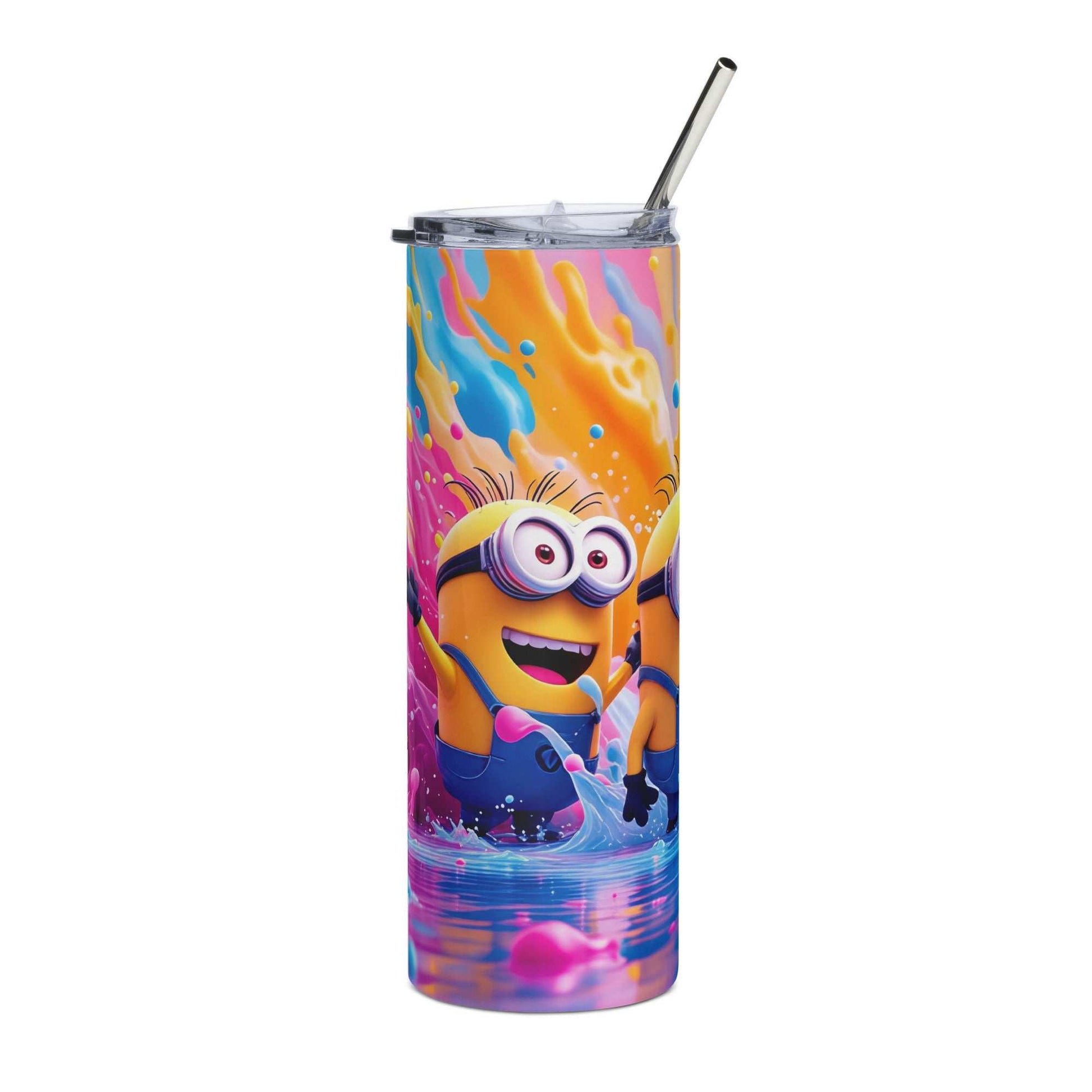 20oz skinny tumbler with colorful Minion Tumbler Wrap PNG design featuring playful yellow cartoon characters and vibrant splash background