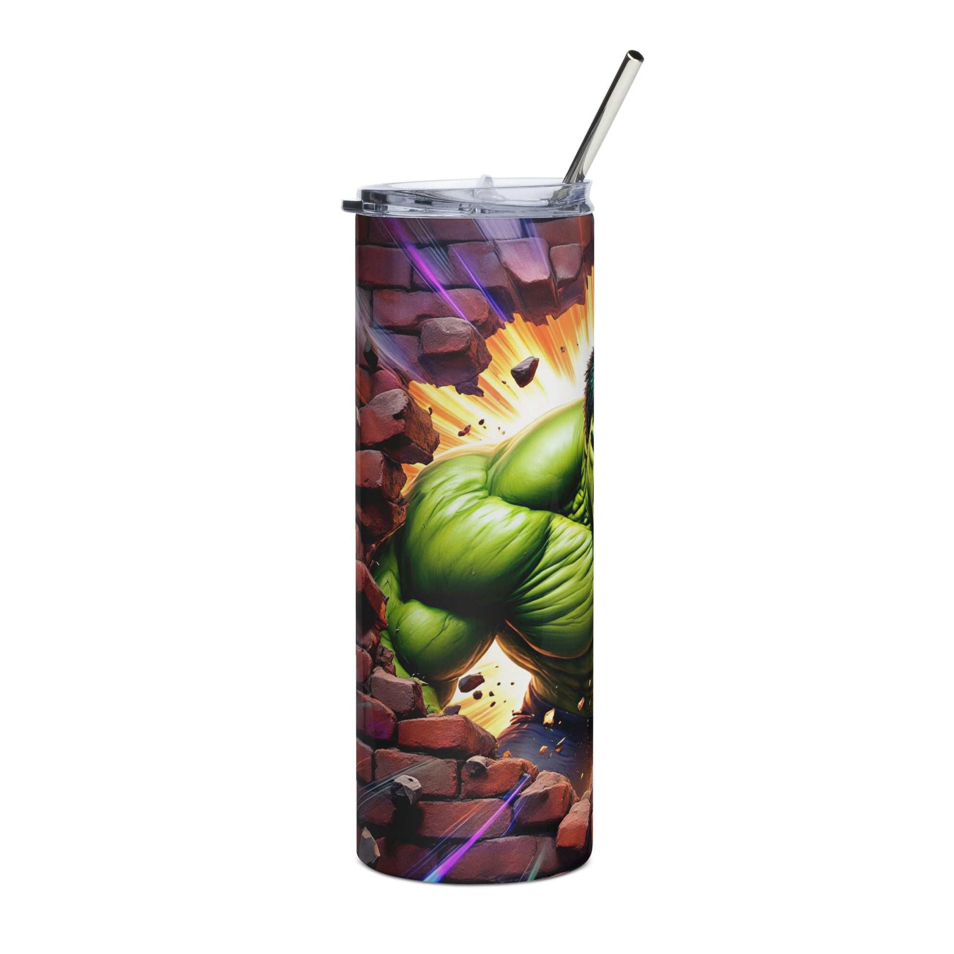 20oz skinny tumbler with vibrant Hulk Tumbler Wrap PNG design featuring the green superhero smashing through a brick wall with dynamic action effects