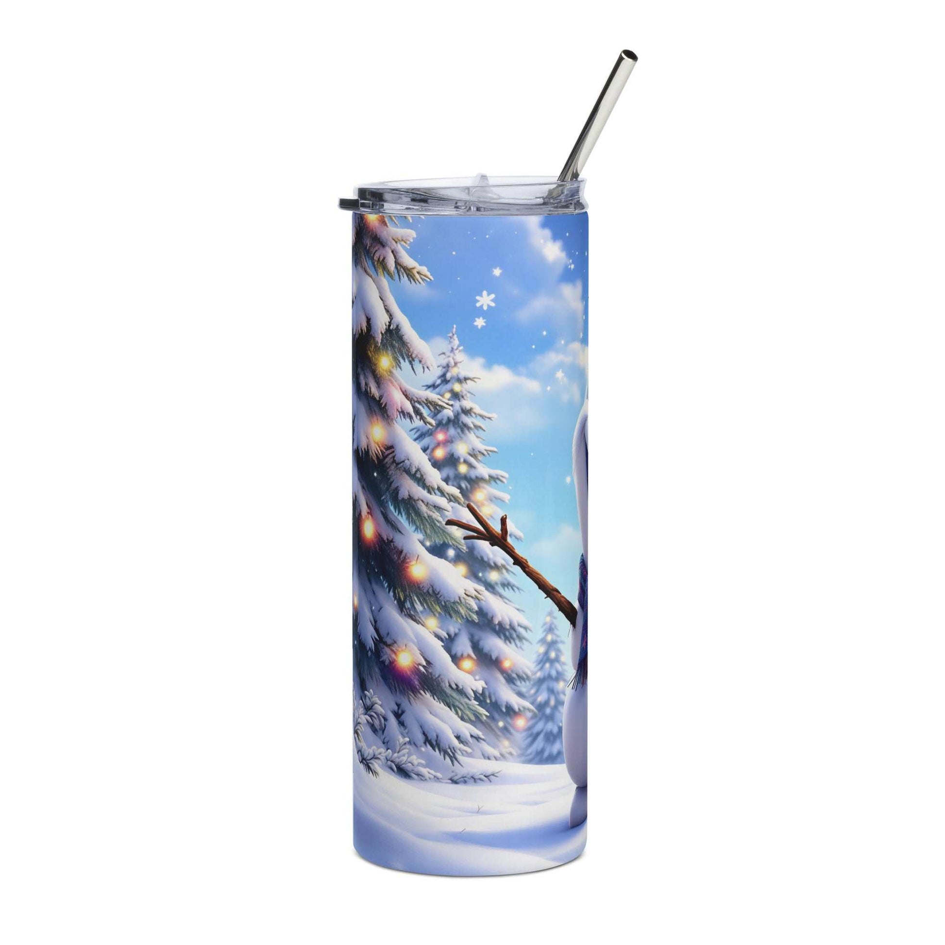 20oz skinny tumbler with Olaf snowman wrap featuring snowy trees, snowflakes, and winter sky design