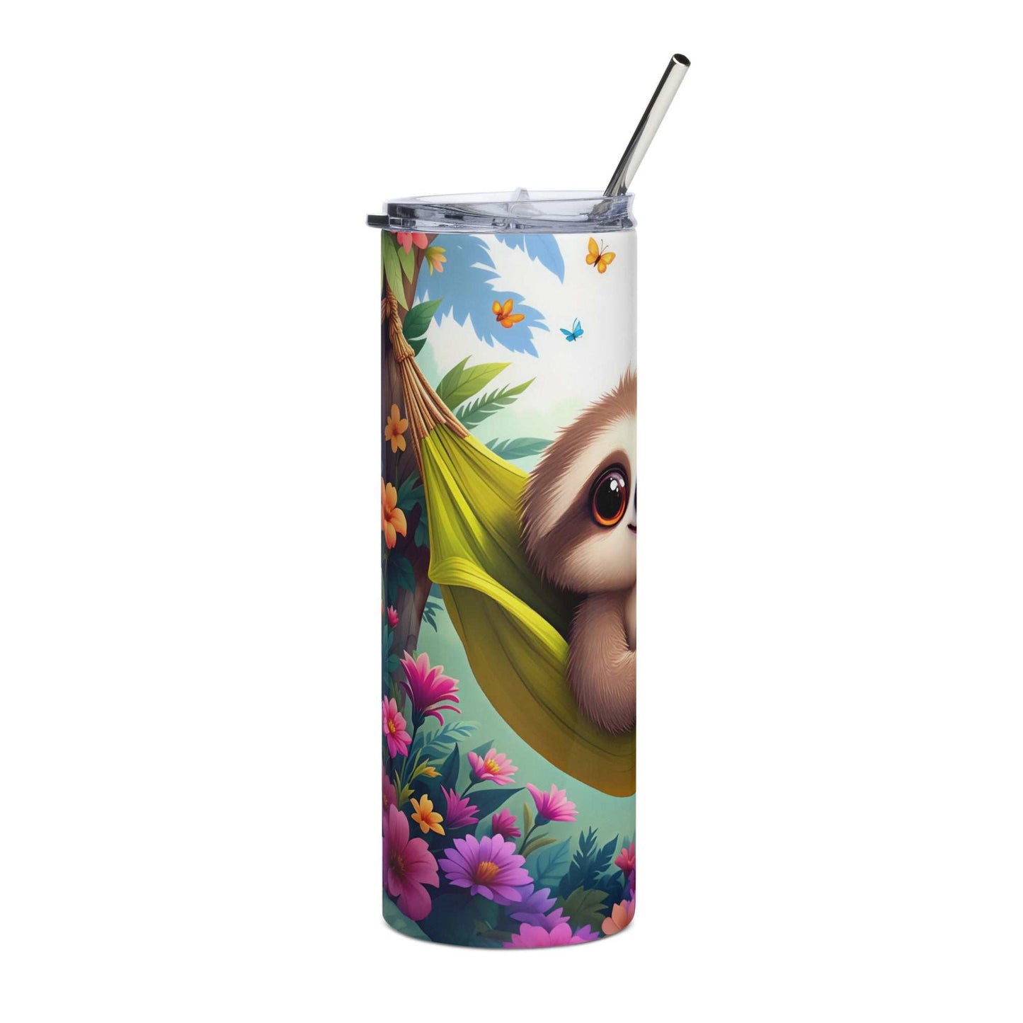 20oz skinny tumbler with cute sloth hammock wrap and colorful floral design