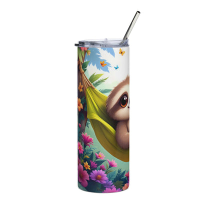 20oz skinny tumbler with cute sloth hammock wrap and colorful floral design