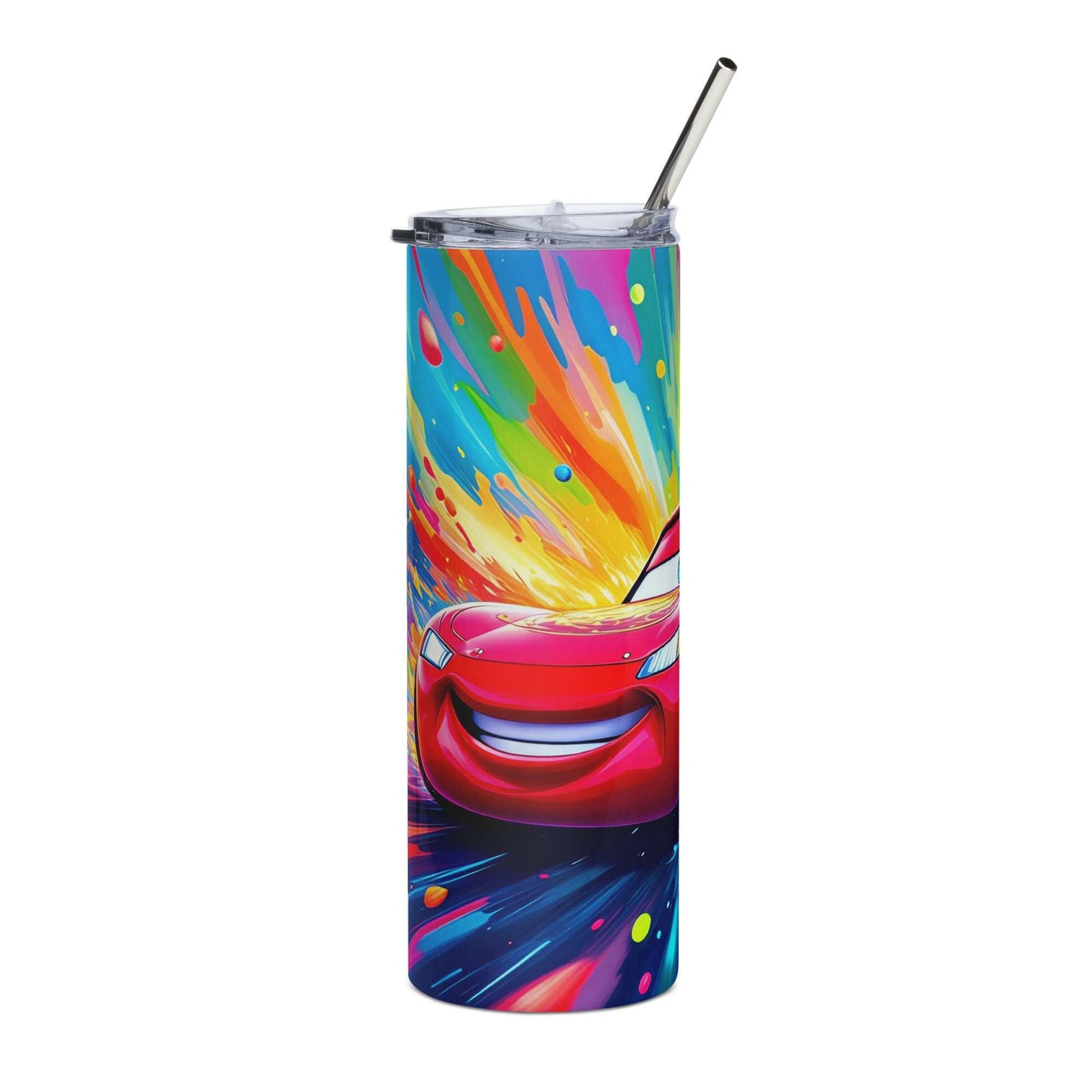 Colorful Cars tumbler wrap PNG design featuring a red race car with lightning-inspired graphics for 20oz skinny tumblers