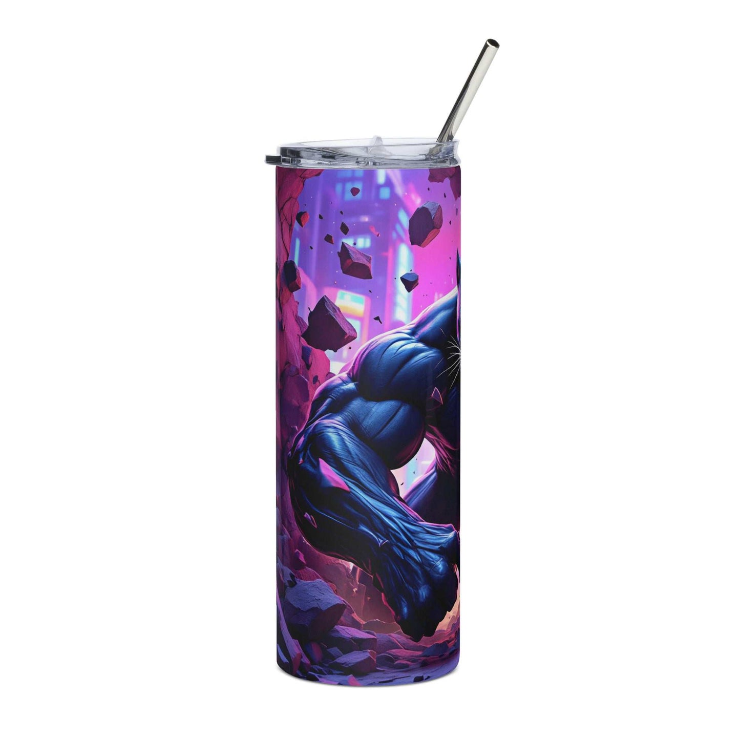 20oz skinny tumbler featuring a vibrant Black Panther Tumbler Wrap design with purple and black tones and a powerful panther silhouette