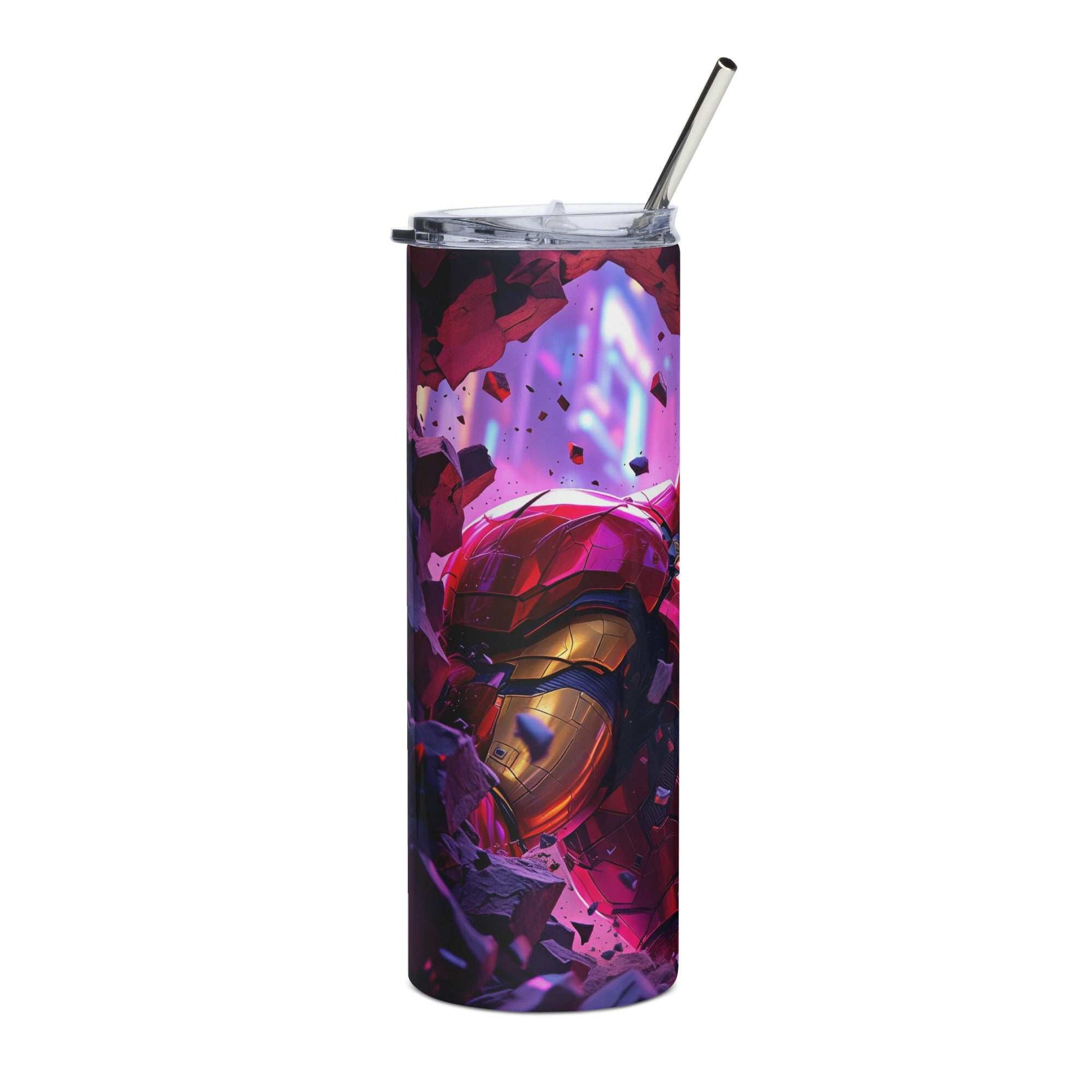 20oz skinny tumbler with vibrant Iron Man Tumbler Wrap PNG featuring red and gold arc reactor design