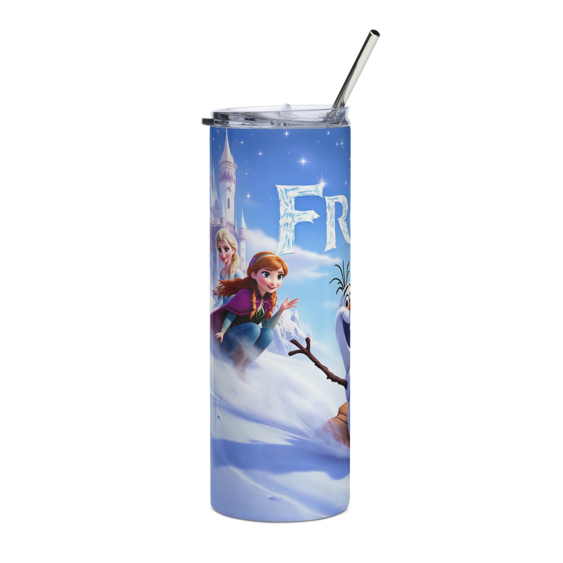20oz skinny tumbler with Olaf sledging wrap featuring Frozen characters and winter snow scene