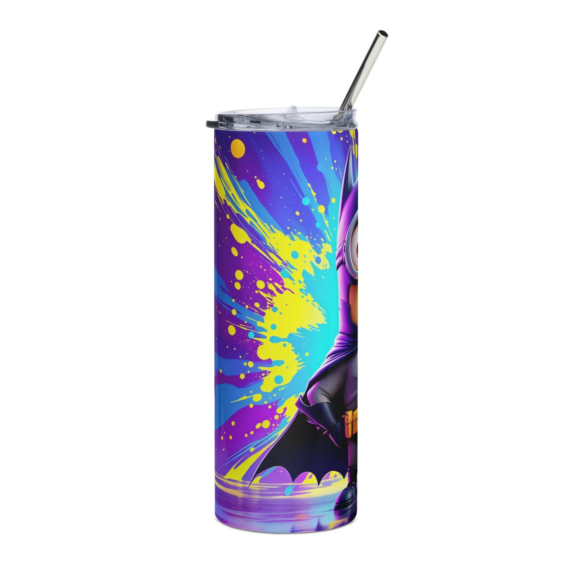 20oz skinny tumbler with vibrant Batman Minion sublimation wrap featuring a playful minion dressed as Batman on a colorful splash background