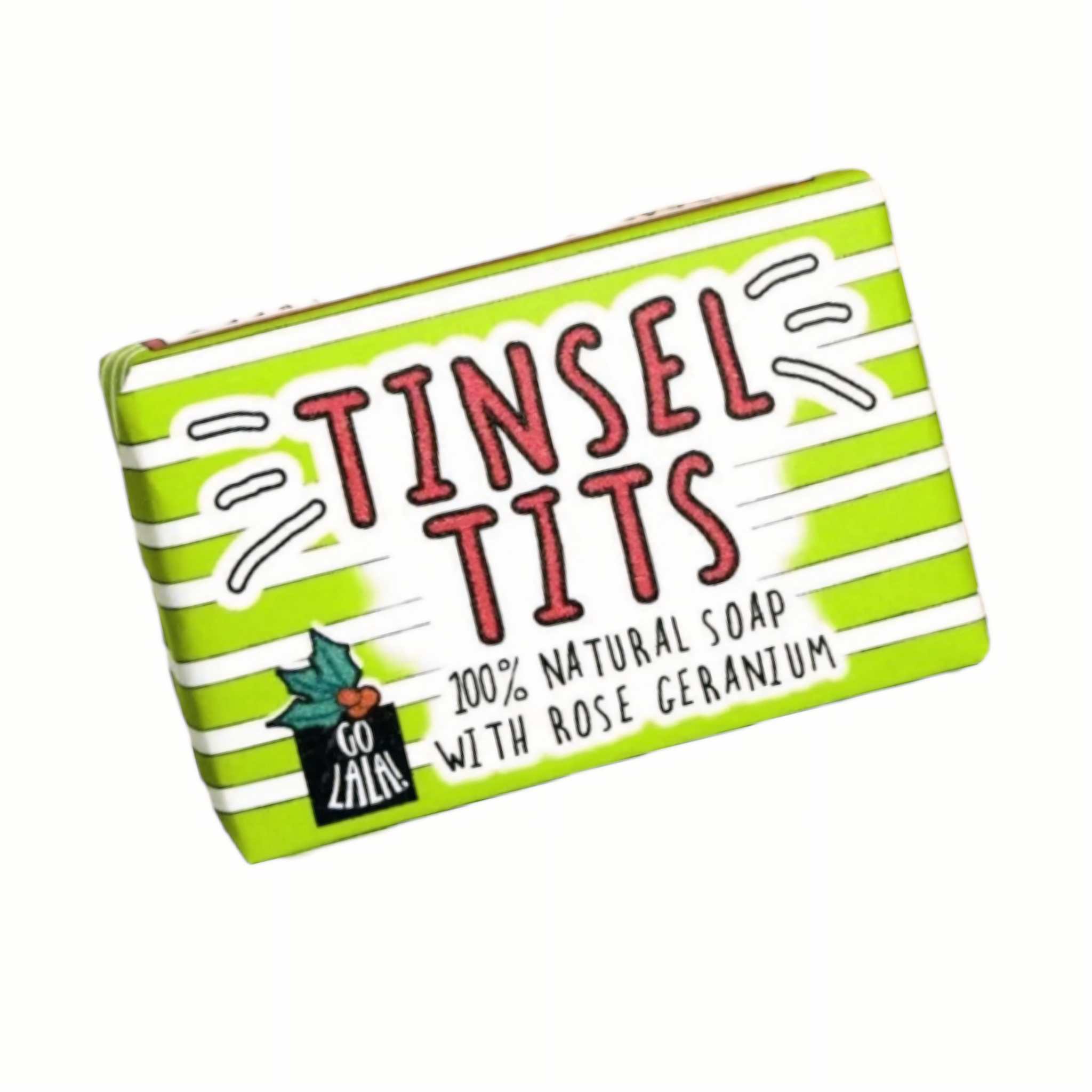 Tinsel Tits Soap with rose geranium scent in playful packaging.