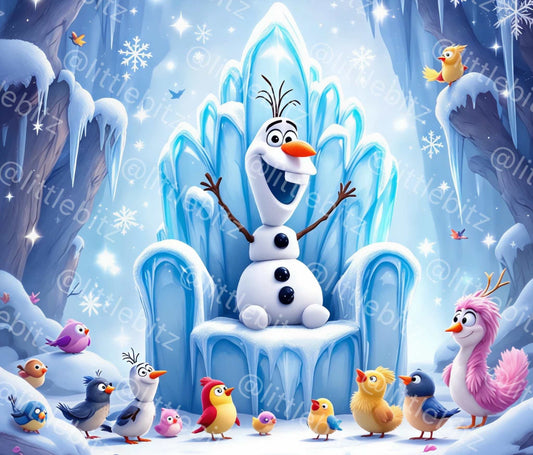 Frozen-inspired winter snowman sitting on icy throne surrounded by colorful birds and snowflakes design for 20oz skinny tumbler wrap.