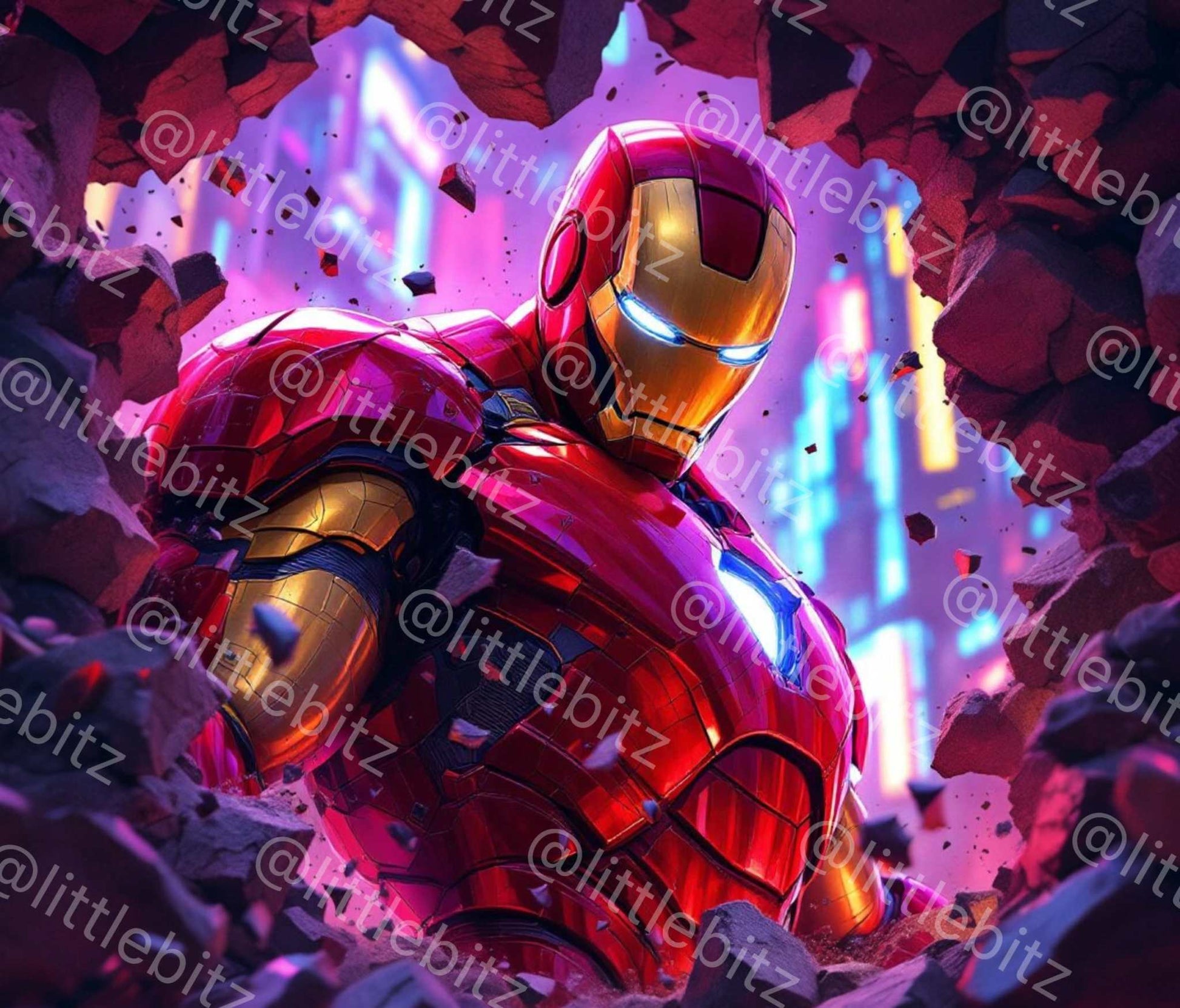 Red and gold Iron Man superhero design for 20oz skinny tumbler wrap with glowing arc reactor elements and tech-style background.