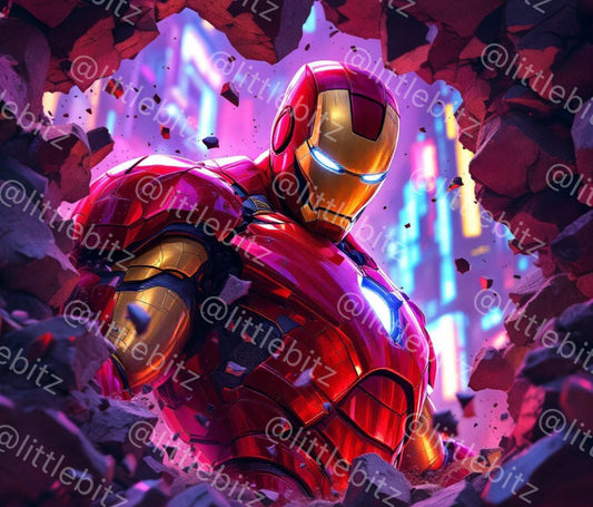 Red and gold Iron Man superhero design for 20oz skinny tumbler wrap with glowing arc reactor elements and tech-style background.