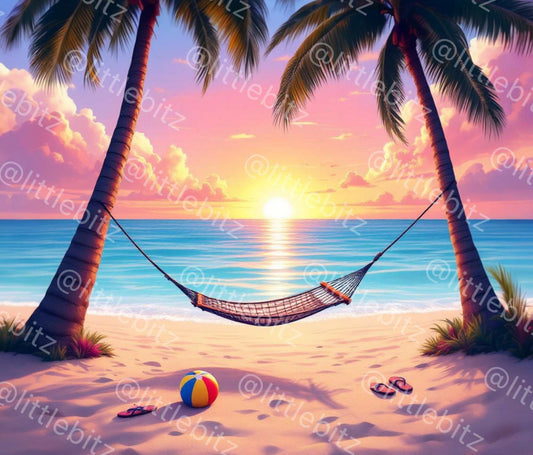 Sunset beach scene with palm trees, hammock, sand, colorful beach ball, and ocean waves for summer tumbler wrap design