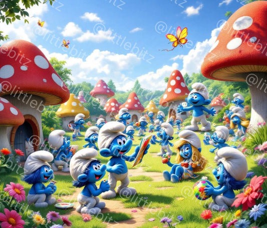 Smurfs themed tumbler wrap featuring colorful cartoon Smurf characters in a vibrant mushroom village design for 20oz skinny tumblers.