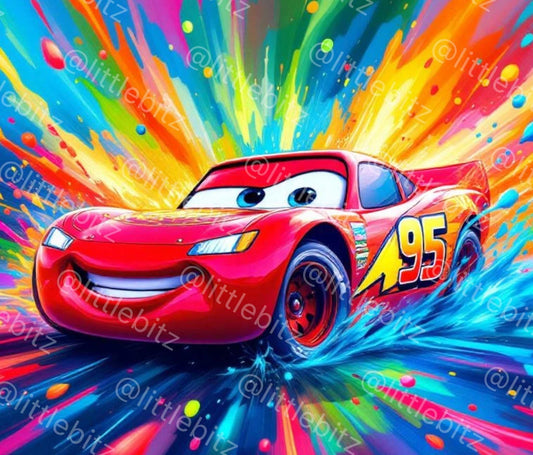 Bright red race car with number 95 speeding through a colorful vibrant splash background, Cars Tumbler Wrap PNG design