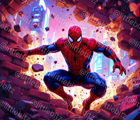 Spider-Man Tumbler Wrap PNG with red and blue web-slinger design, cityscape background, and dynamic spider emblem for 20oz skinny tumblers.