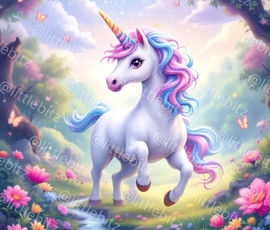Colorful magical unicorn with rainbow mane and horn in pastel fantasy garden with flowers and butterflies