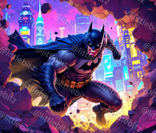 Batman comic-style hero breaking through wall with neon cityscape background for 20oz skinny tumbler wrap design PNG